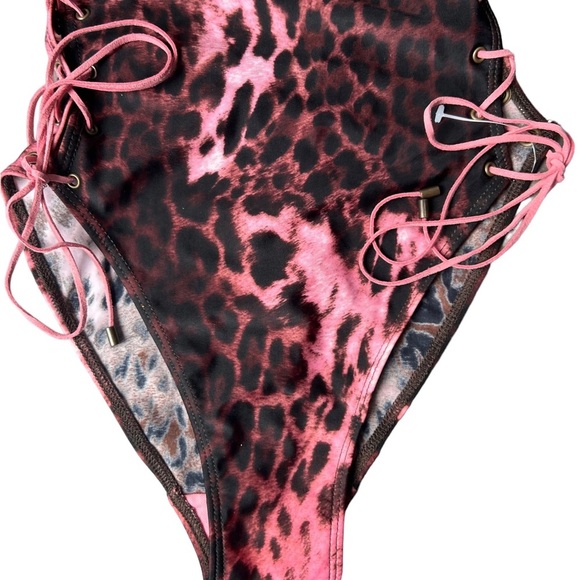 Sauvage Animal Print Side Lace One Piece Size Small Pink & Brown - Picture 6 of 14